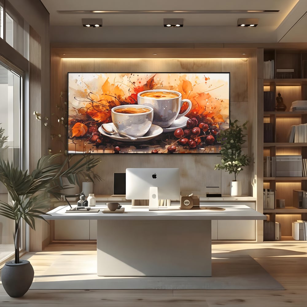 Tablou canvas cu pictura cu doua cesti de cafea si frunze de toamna, in rama de aluminiu negru, pe perete intr-un birou